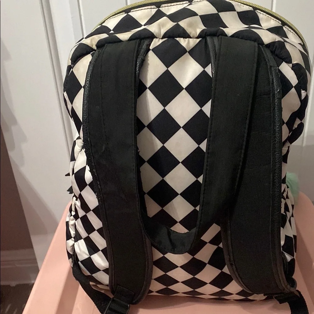 Betsey Johnson Black & White Diamond-Print Backpack with Mint Pom Charm